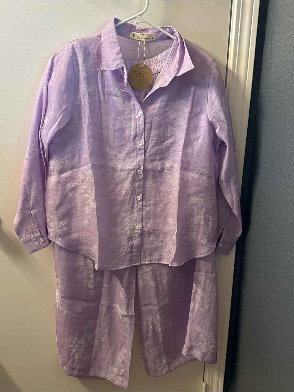 Silk Tencel Lavender Two-Piece Button Shirt & Wide-Leg Set